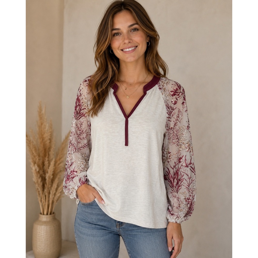 Anthropologie Floral Sheer Sleeve Mixed‎ Media Top Womens Small